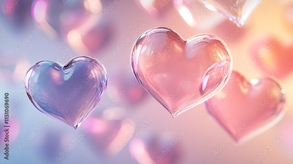 Fototapeta premium Floating translucent hearts in soft pastel gradients abstract art serene atmosphere whimsical concept