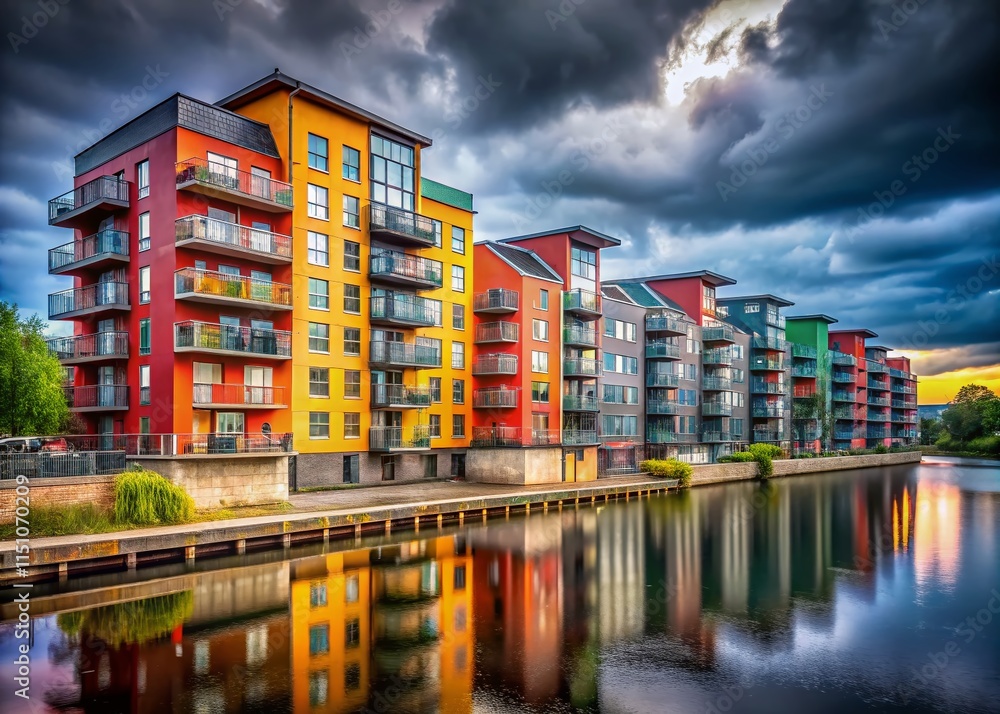 Apartment Building Riverbank Cloudy Day - AI Photo Apartment Building Riverbank Cloudy Day - AI Photo