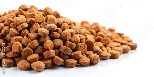 Close-up of dry dog food kibbles, scattered on a white background, dry, dog, food, kibbles, close-up, pet, nutritional, crunchy photo