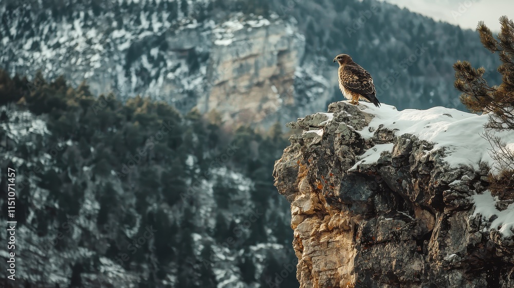 A Hawk Perched on a Cliff Overlooking the Valley A Hawk Perched on a Cliff Overlooking the Valley