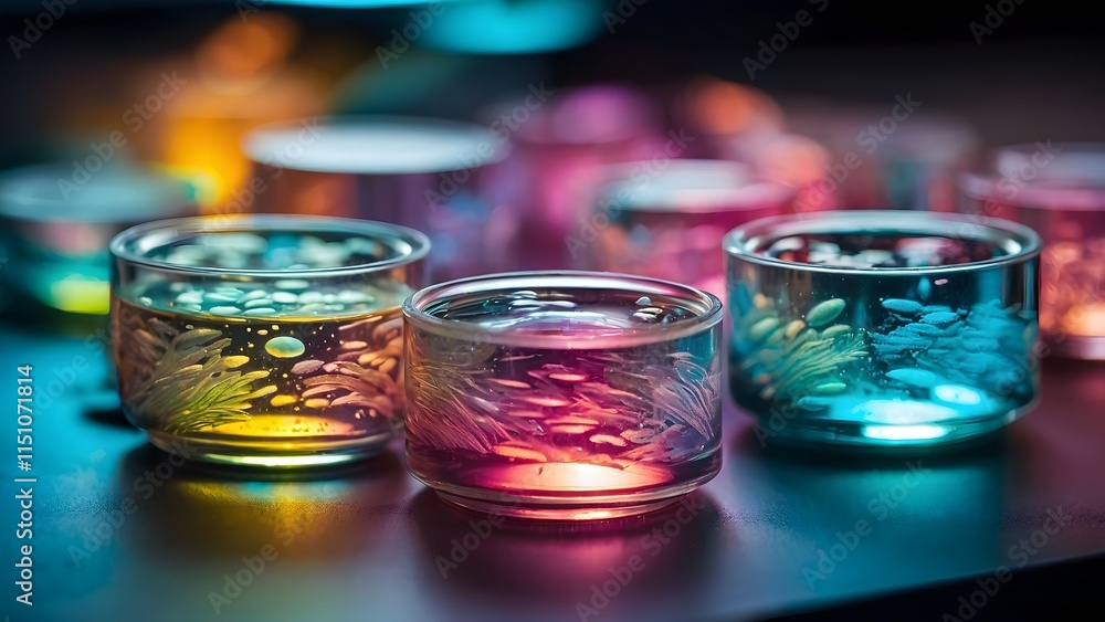 Colorful Glass Cups With Illuminated Liquids Displayed on a Dark Surface in Artistic Arrangement Colorful Glass Cups With Illuminated Liquids Displayed on a Dark Surface in Artistic Arrangement