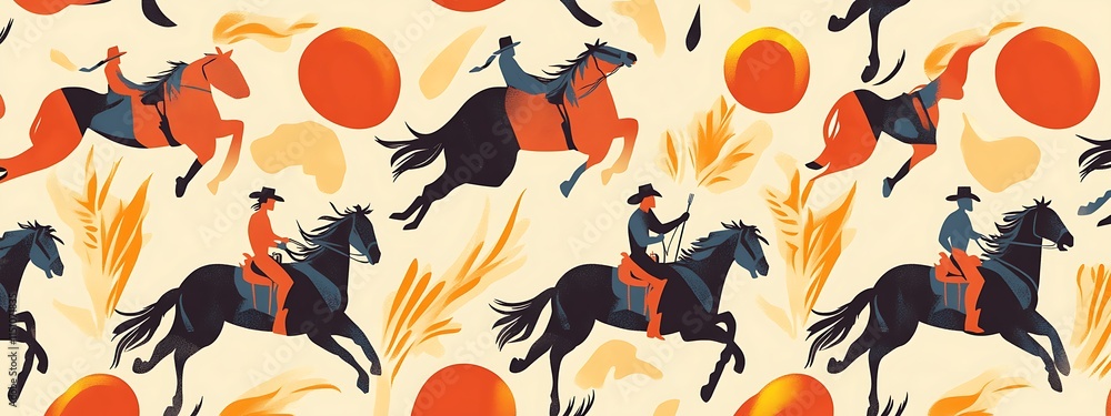 Naklejka premium Seamless pattern of cowboys riding horses across sunset.