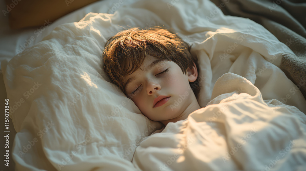 serene image of boy peacefully sleeping, wrapped in soft white sheets, exuding sense of calm and comfort. gentle light enhances cozy atmosphere serene image of boy peacefully sleeping, wrapped in soft white sheets, exuding sense of calm and comfort. gentle light enhances cozy atmosphere