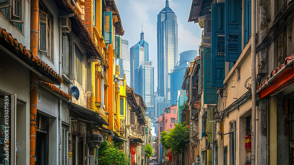 Obraz premium modern skyscrapers towering in the background, seen through narrow streets of old, historic buildings, a striking contrast between old and new architecture