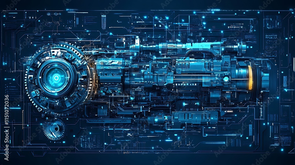 Futuristic engine blueprint, complex mechanism, glowing blue digital technology. Futuristic engine blueprint, complex mechanism, glowing blue digital technology.