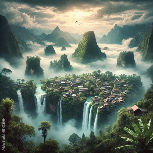 the atmosphere of a village on a high mountain with a large waterfall and fog enveloping it