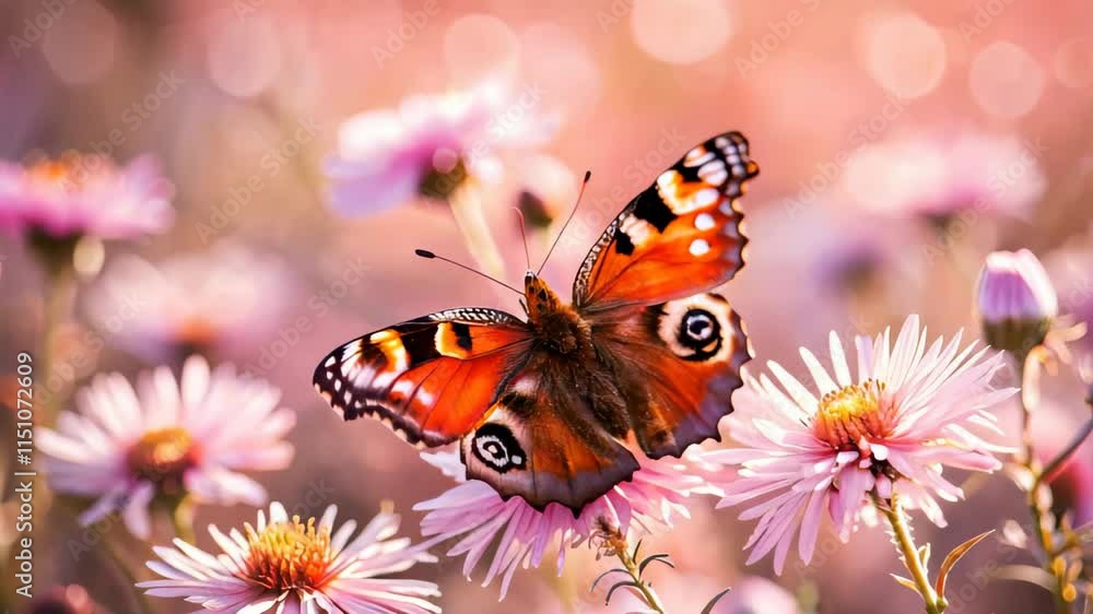 Butterfly flitting over the flowers on a clear morning