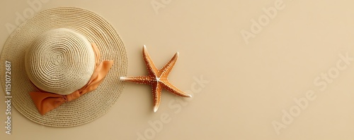 A fashionable beach hat and a starfish on a smooth beige background seen from a top view photo