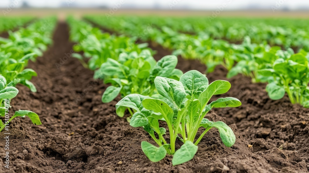 Growing spinach in fertile soil agricultural field nature photography rural landscape close-up sustainable practices Growing spinach in fertile soil agricultural field nature photography rural landscape close-up sustainable practices