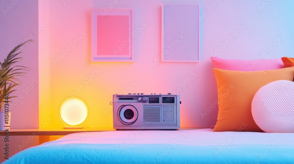 Obraz premium Cozy and Modern Bedroom Interior with Retro Radio, Colorful Cushions, and Ambient Lighting, Featuring Soft Textures and a Relaxing Atmosphere