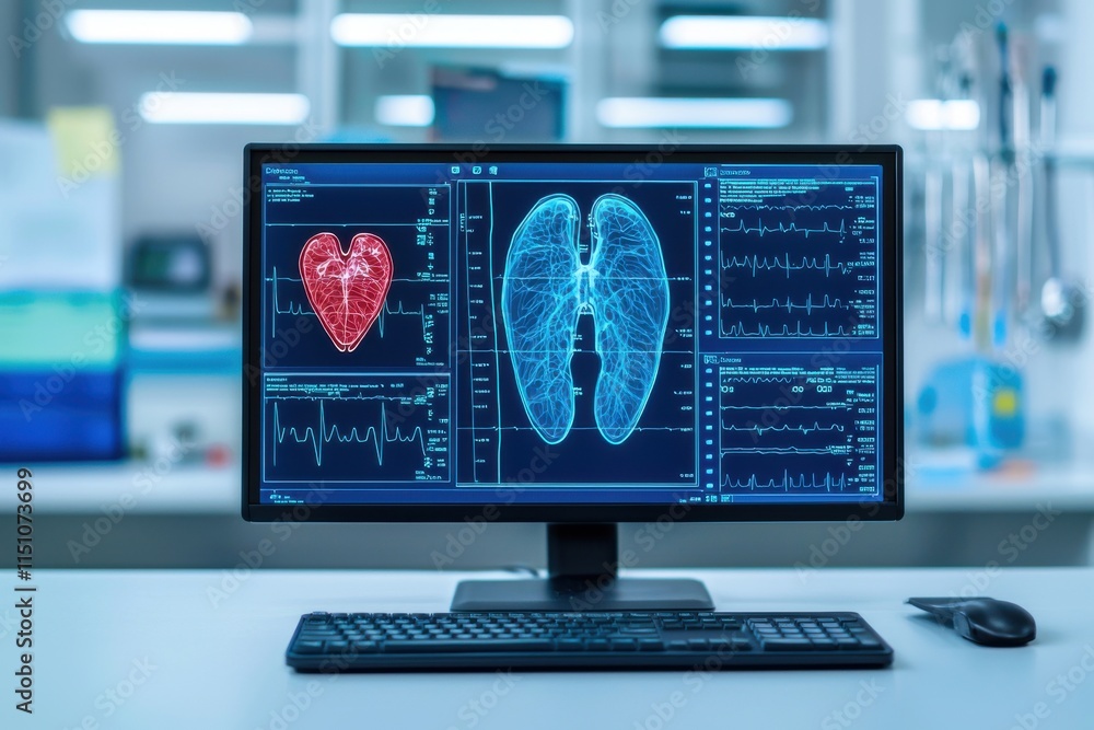 Fototapeta premium Medical data analysis of heart and lung function in healthcare facility digital display clinical environment perspective
