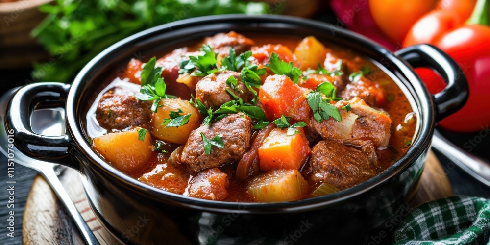 A hearty beef stew with tender meat, potatoes, and colorful vegetables, garnished with fresh herbs, served in a black pot. A hearty beef stew with tender meat, potatoes, and colorful vegetables, garnished with fresh herbs, served in a black pot.