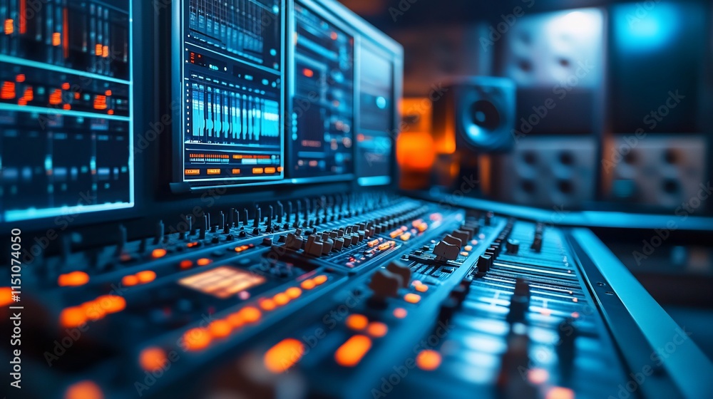 A close-up of a digital audio workstation with glowing controls and screens. A close-up of a digital audio workstation with glowing controls and screens.