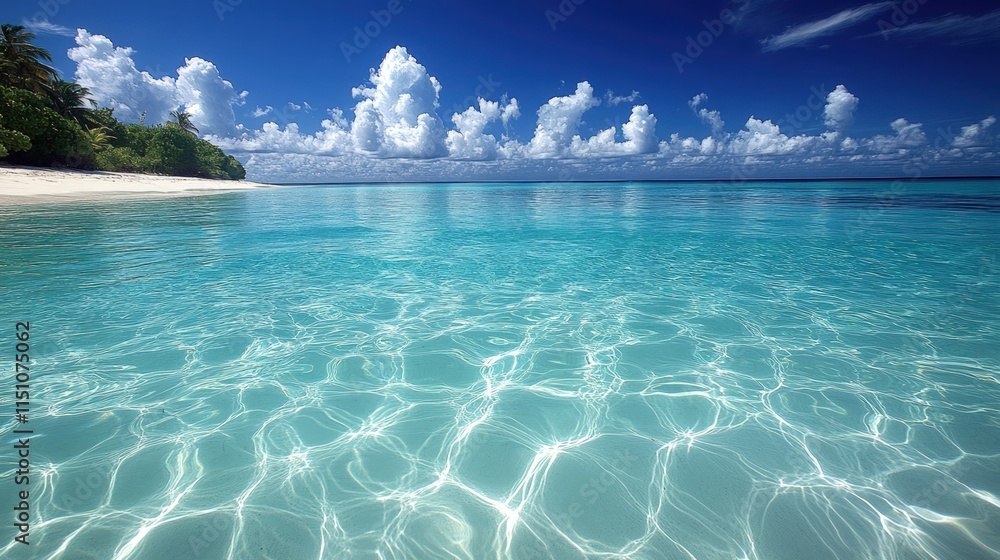 Obraz premium Tropical beach, clear turquoise water, sunny sky.