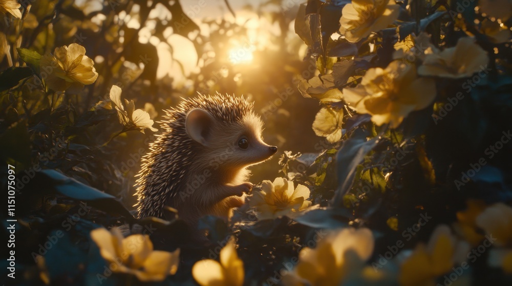 Adorable Hedgehog Among Bright Yellow Flowers at Sunset Adorable Hedgehog Among Bright Yellow Flowers at Sunset