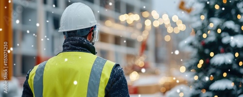A worker in a safety vest and helmet stands in the snow, observing a festive scene with lights and a Christmas tree.