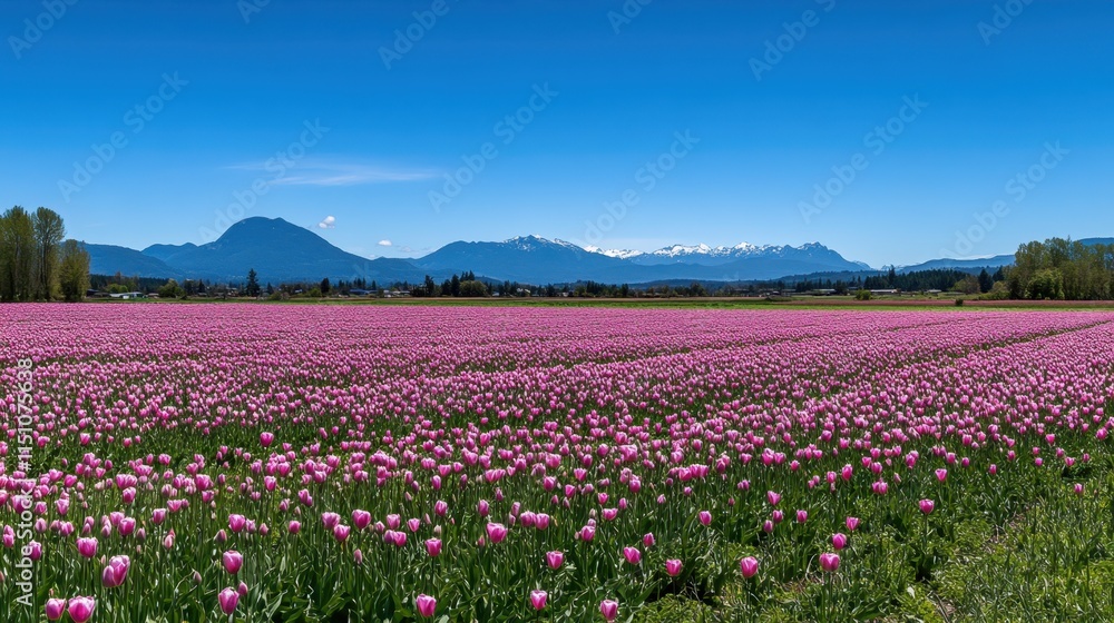 Vibrant Tulip Field Under Clear Blue Sky with Mountain Backdrop Vibrant Tulip Field Under Clear Blue Sky with Mountain Backdrop