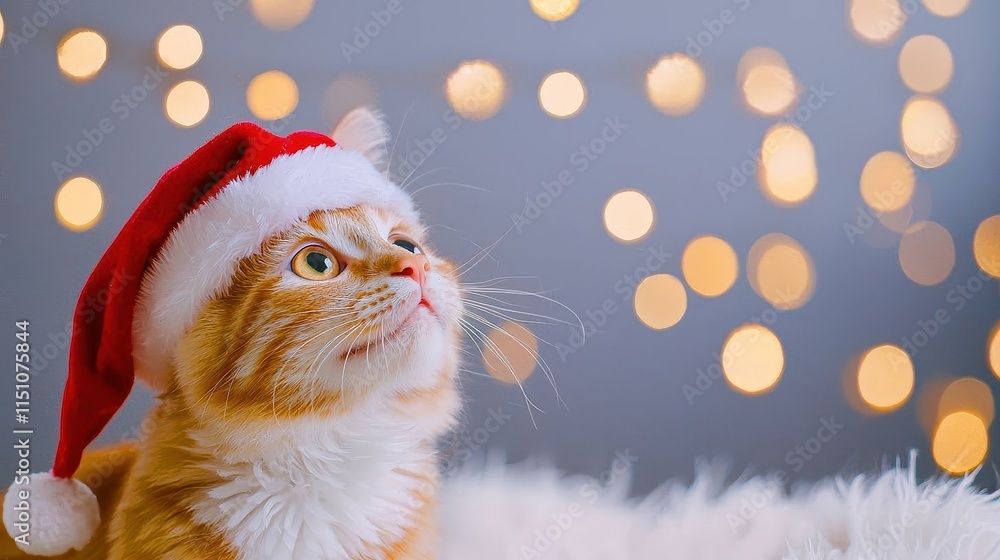 A charming, fluffy kitten with a mix of brown, white, and grey fur sits adorably on the floor, wearing a festive Christmas hat, framed by a beautifully decorated Christmas and light A charming, fluffy kitten with a mix of brown, white, and grey fur sits adorably on the floor, wearing a festive Christmas hat, framed by a beautifully decorated Christmas and light