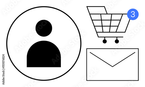 User avatar in circle, shopping cart with three notifications, and message envelope. Ideal for social media, online shopping, customer service, communication, digital marketing, notifications