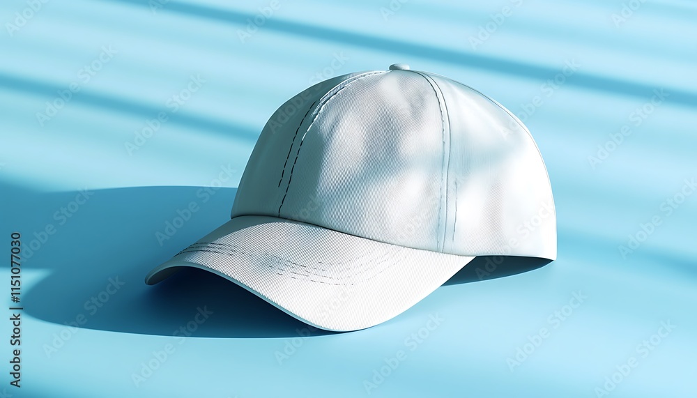 A sporty baseball cap resting on a light blue backdrop A sporty baseball cap resting on a light blue backdrop
