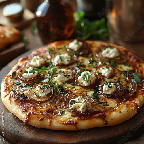 Fresh arugula pizza topped with goat cheese and caramelized onions. photo