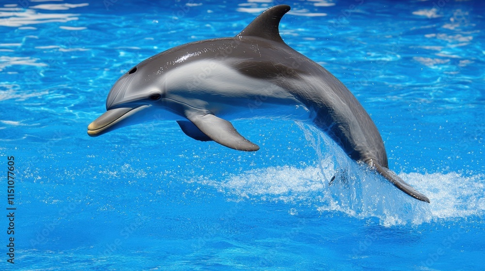 Fototapeta premium Dolphin Leaping Above Clear Blue Water in an Aquatic Environment