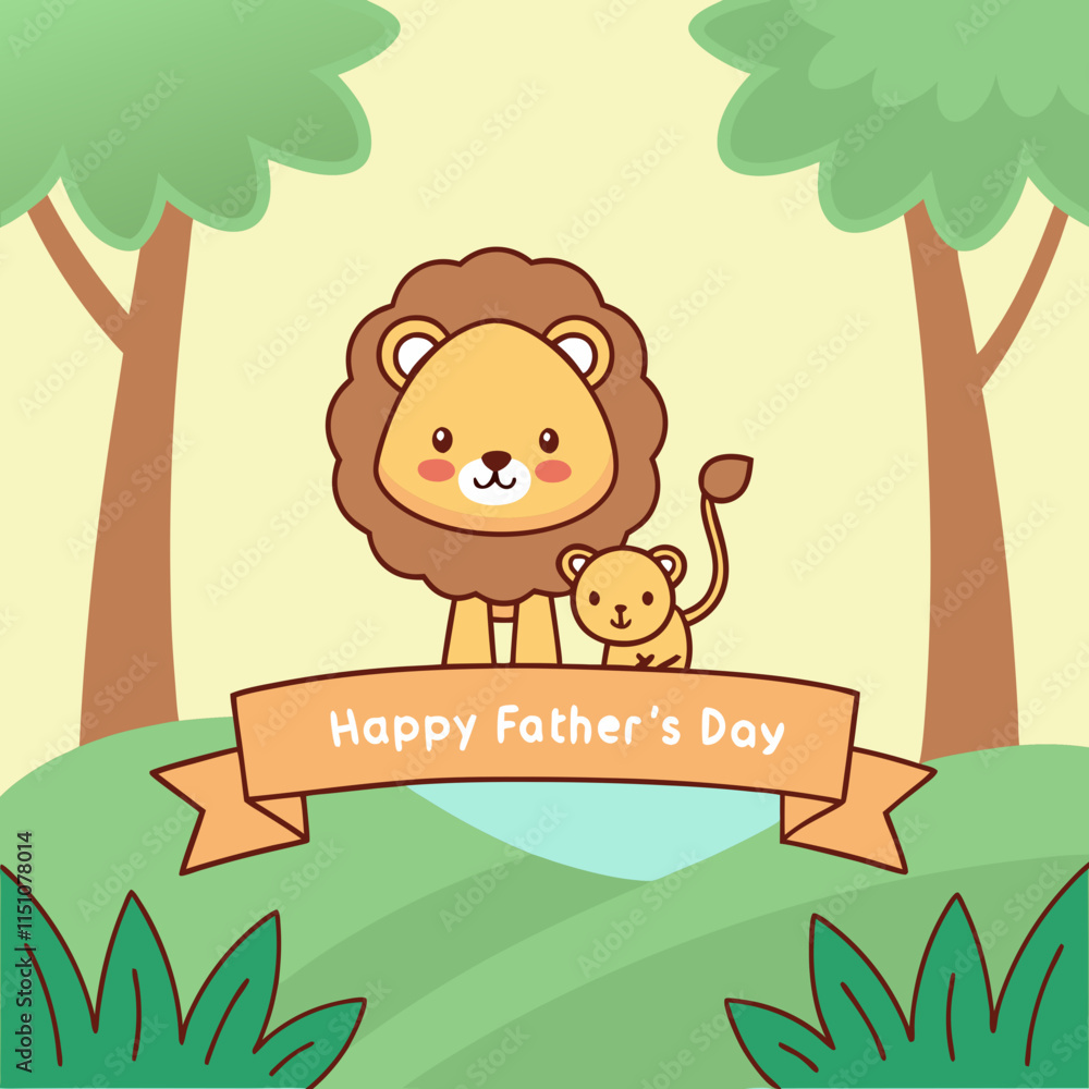 Naklejka premium A cute cheerful cartoon of a lion and lion cub with the text 'Happy Father's Day' 