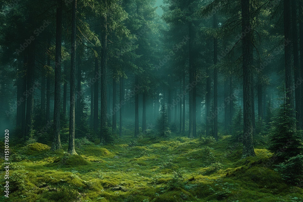 Naklejka premium Misty green forest, tall trees, mossy ground.