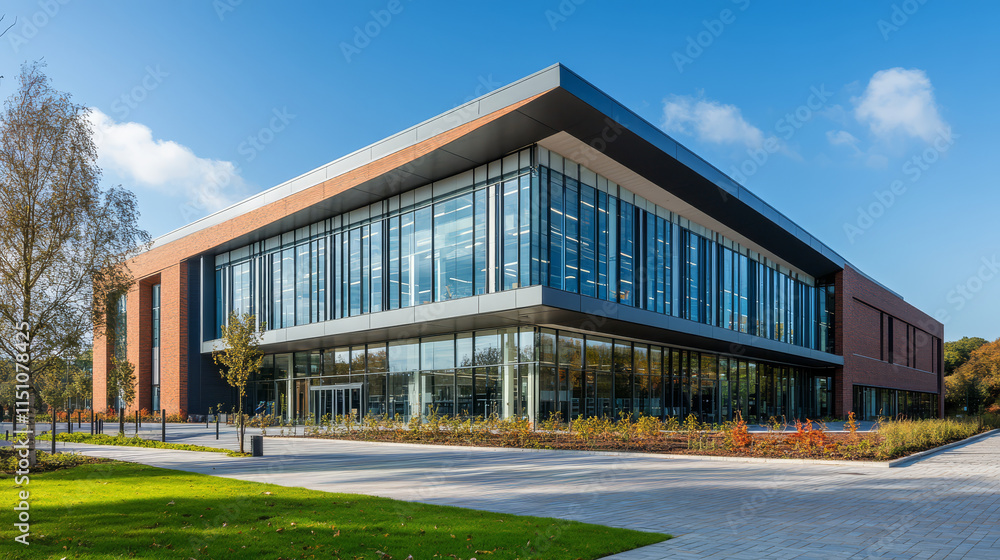 modern school building with large glass windows and sleek design, surrounded by greenery and clear blue sky, showcasing contemporary architecture and inviting atmosphere modern school building with large glass windows and sleek design, surrounded by greenery and clear blue sky, showcasing contemporary architecture and inviting atmosphere