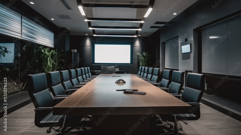 Modern Dark Conference Room With Long Wooden Table Modern Dark Conference Room With Long Wooden Table