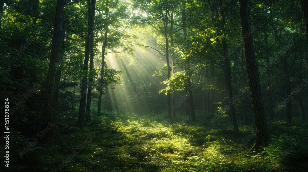 Fototapeta premium Sunbeams Illuminating a Mystical Forest Path