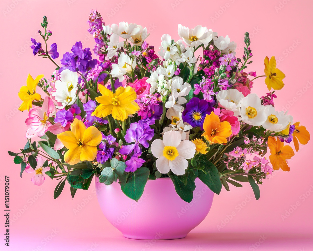 Bouquet of bright spring flowers in a vase on a pink background. Flower shop concept Bouquet of bright spring flowers in a vase on a pink background. Flower shop concept