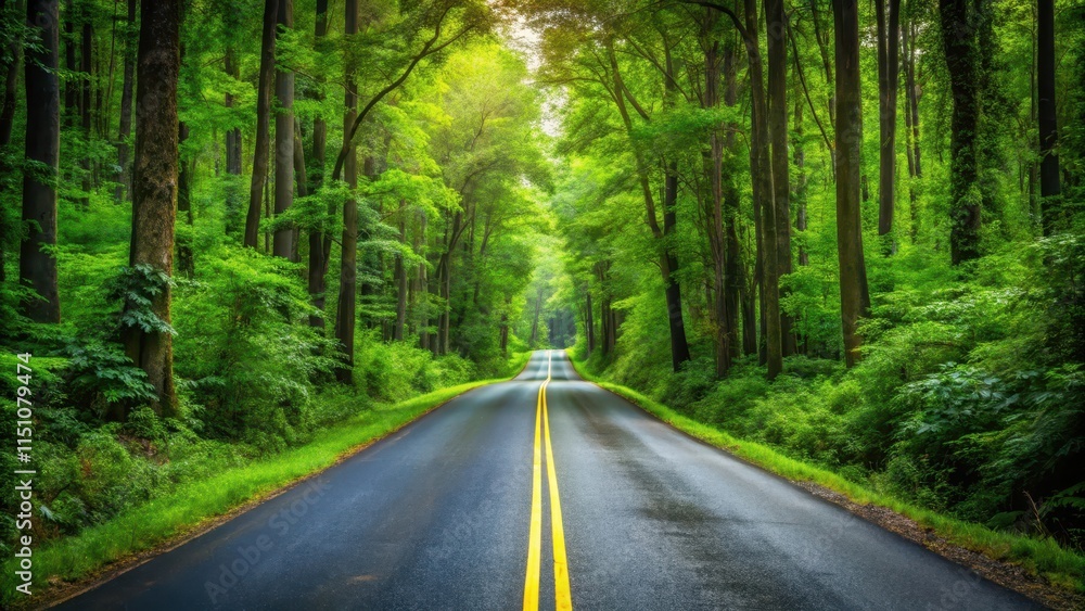Naklejka premium Asphalt road cutting through a lush forest, asphalt, road, square, nature, forest, trees, green, outdoors, tranquil