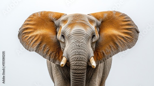 Close-up portrait of an African elephant against a white background, showing detailed texture of its skin and large ears with orange hue.