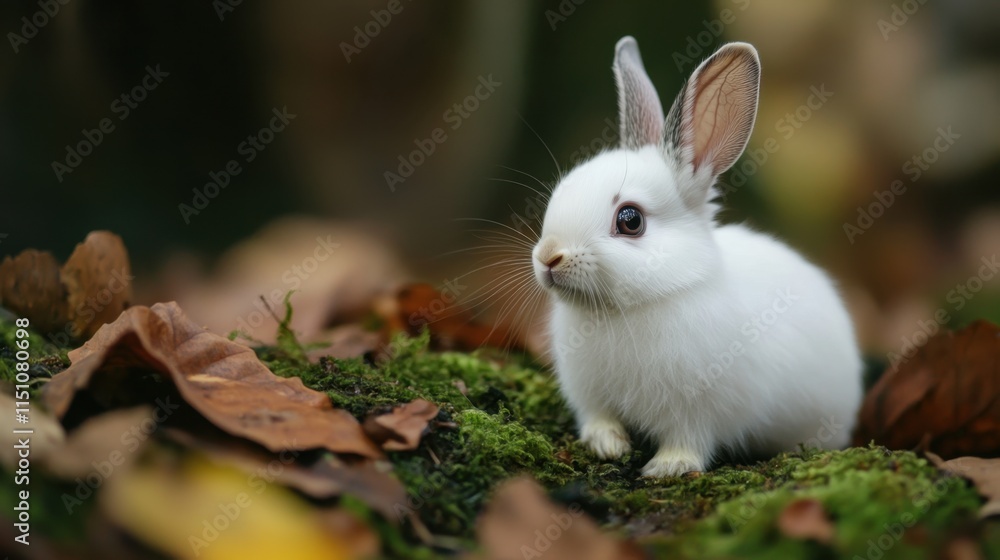 Adorable White Rabbit Sitting Among Green Moss and Fallen Leaves Adorable White Rabbit Sitting Among Green Moss and Fallen Leaves