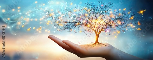 tree of life on hand with glowing sunset, symbolic growth concept, magical nature energy with flying leaves ,glowing tree of hope, hand of nature energy ,surreal life symbolism