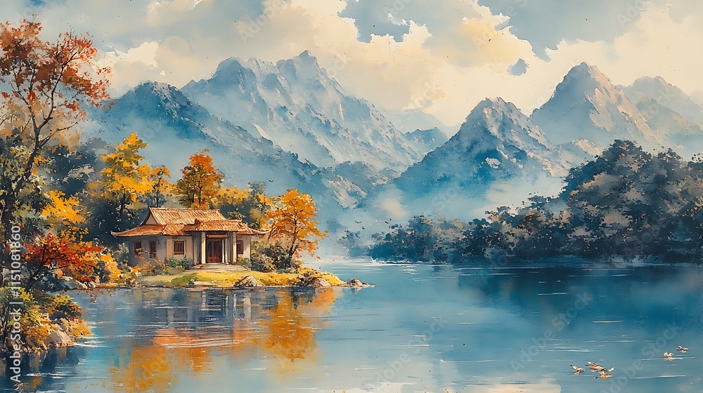 Fototapeta premium Traditional House Reflected On Serene Lake Amidst Majestic Mountains Scene Illustration
