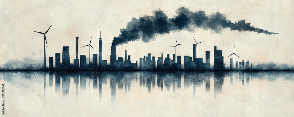 Fototapeta premium A skyline depicting the contrast between industry and sustainability.