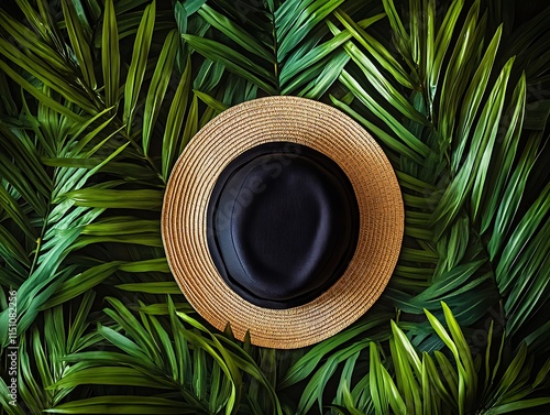 A stylish sunhat nestled among exotic palm leaves beautifully arranged in a top view flat lay photo