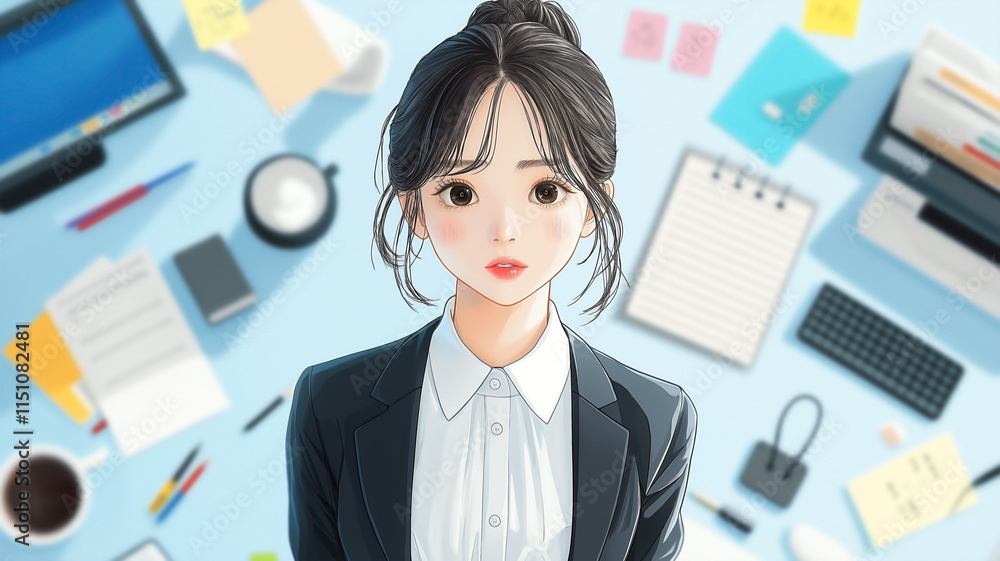 Doodle art style featuring a young Asian woman wearing a classic office lady uniform with working stuff floating around such as monitor, notebooks, pens, coffee mug, sticky notes, and a lamp. Doodle art style featuring a young Asian woman wearing a classic office lady uniform with working stuff floating around such as monitor, notebooks, pens, coffee mug, sticky notes, and a lamp.