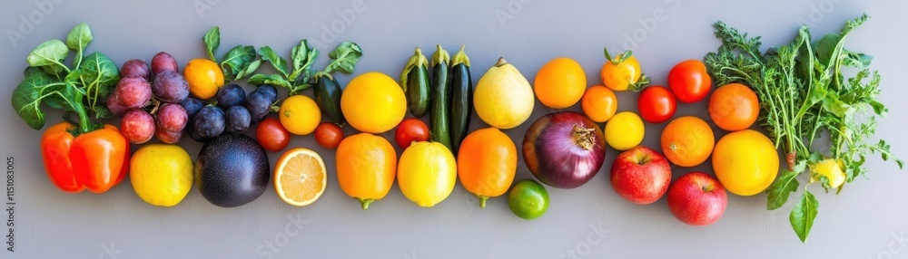 A vibrant array of fresh fruits and vegetables arranged beautifully.