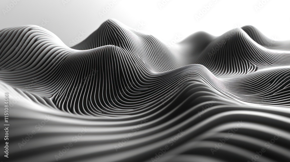 Abstract grayscale 3D rendering of undulating lines forming a landscape. Abstract grayscale 3D rendering of undulating lines forming a landscape.
