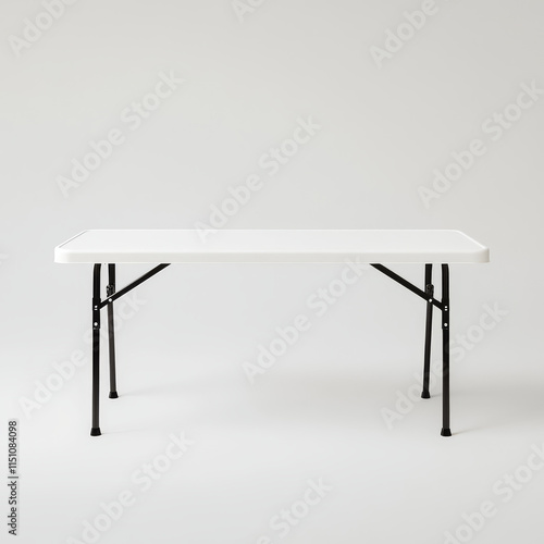simple plastic folding table with flat front view, featuring white top and black legs, perfect for various indoor and outdoor activities