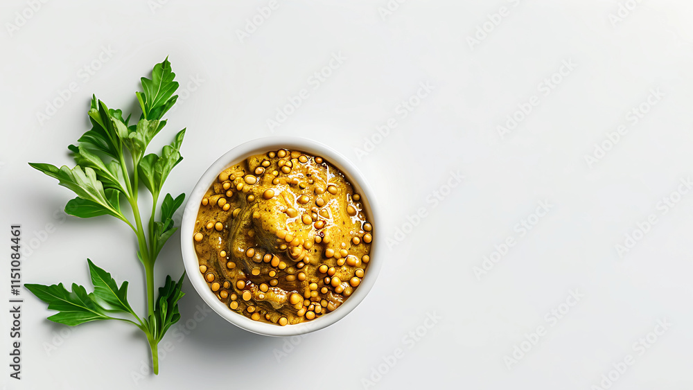 Gourmet Mustard with Mustard Seeds in a White Bowl. Top View, Culinary Photography, Food Styling Gourmet Mustard with Mustard Seeds in a White Bowl. Top View, Culinary Photography, Food Styling