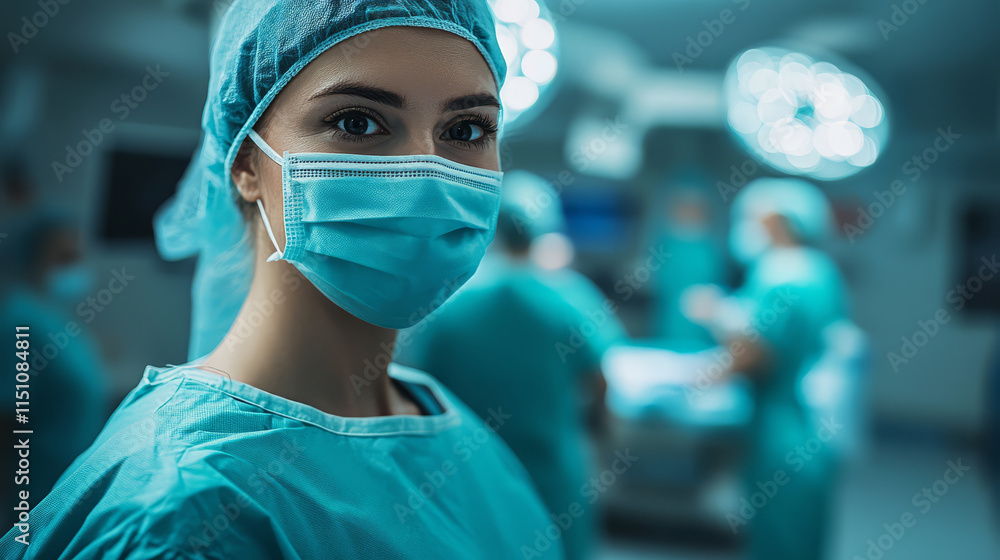 focused image of healthcare professional in surgical environment, wearing mask and cap, showcasing dedication and professionalism in medical setting focused image of healthcare professional in surgical environment, wearing mask and cap, showcasing dedication and professionalism in medical setting