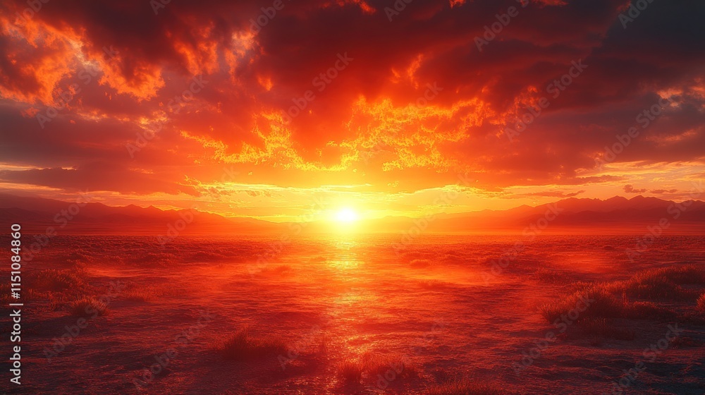 Naklejka premium Fiery sunset over desert landscape.