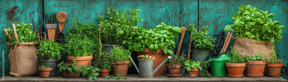 Beautiful assortment of vibrant herbs in rustic pots. Beautiful assortment of vibrant herbs in rustic pots.