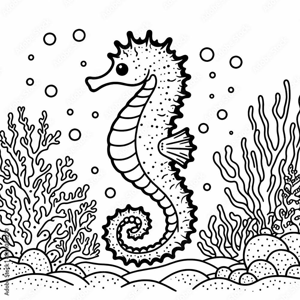 Fototapeta premium Blank coloring book illustration of a seahorse swimming on the seabed.