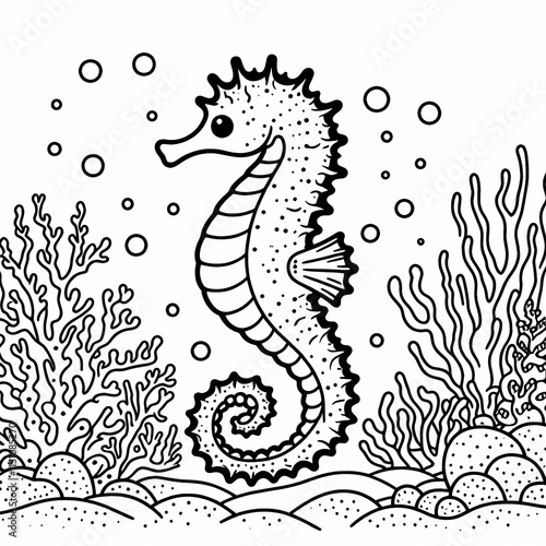 Blank coloring book illustration of a seahorse swimming on the seabed. photo