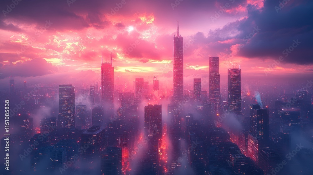 Obraz premium Pink sunset over foggy, futuristic city.